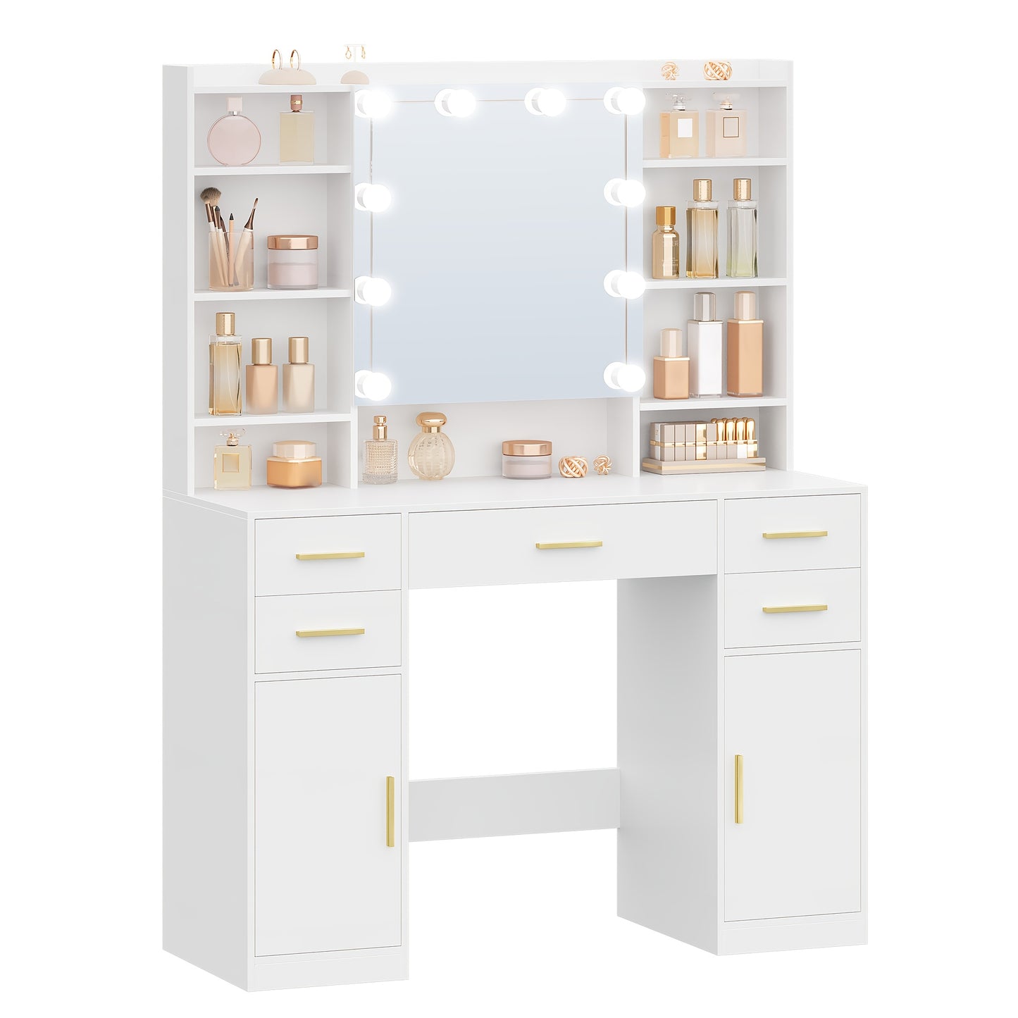 Make-up Tafel – Kaptafel – Schminktisch – Vanity Table – Opmaaktafel – Wit – 5 Laden & 9 Open Vakken – Spiegel Met Verborgen Opbergruimte – MDF & Kurk – 108 cm Breed – Plug Powered – Eenvoudige Montage