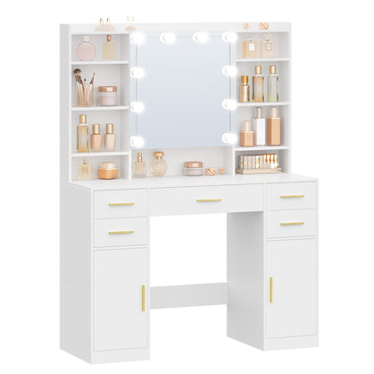 Make-up Tafel – Kaptafel – Schminktisch – Vanity Table – Opmaaktafel – Wit – 5 Laden & 9 Open Vakken – Spiegel Met Verborgen Opbergruimte – MDF & Kurk – 108 cm Breed – Plug Powered – Eenvoudige Montage