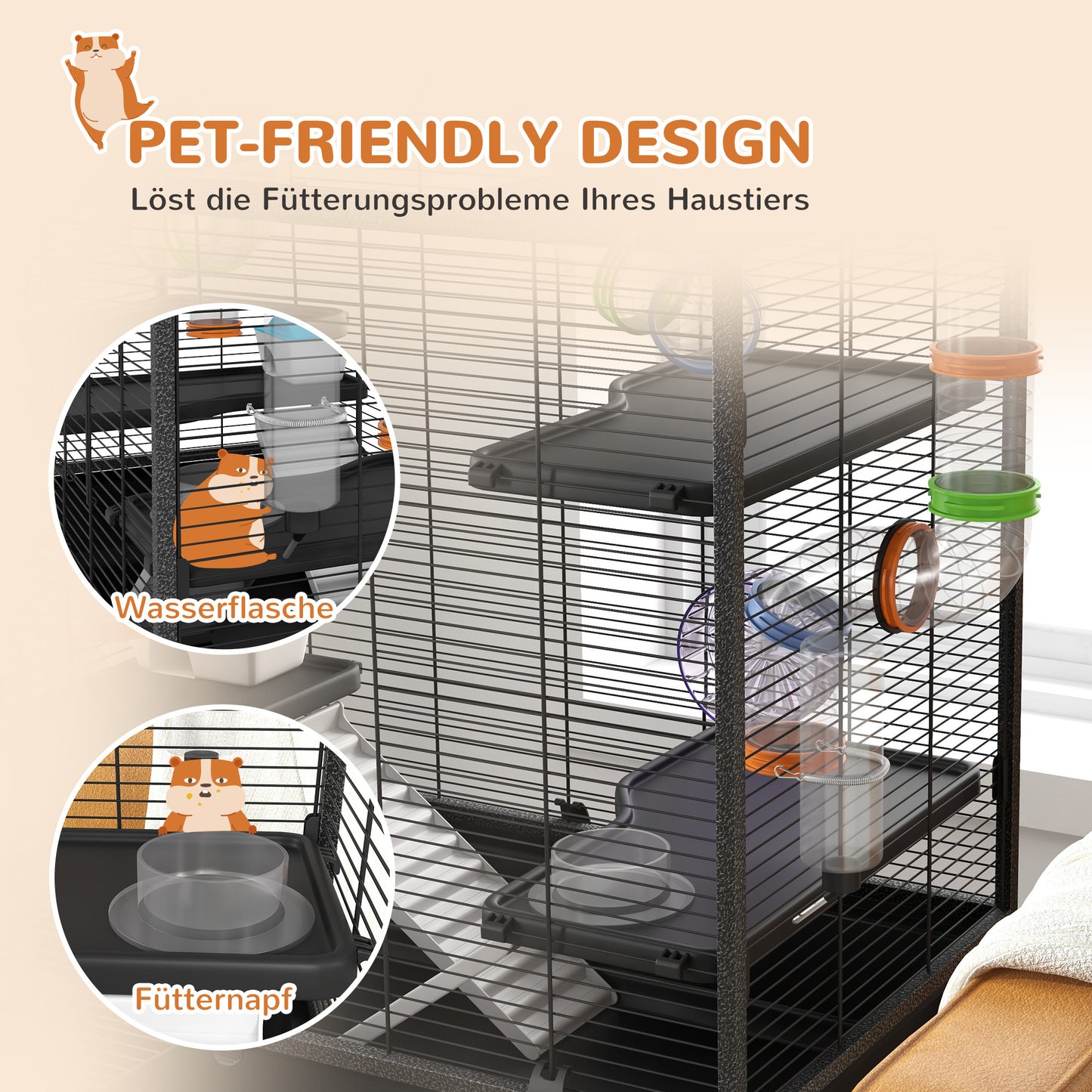 Hamsterkooi – Knaagdierkooi – Gerbilkooi – Knaagdierverblijf – Hamsterkooi Met Buizen – Ruime Leefruimte 109x82x46 cm – Inclusief Looprad & Drinkfles
