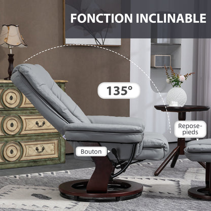 Relaxfauteuil – Relaxstoel – Loungestoel – Zitfauteuil – Fauteuil Met Voetensteun – Grijs – Verstelbare Rugleuning Tot 135° – 360° Draaibaar Met Houten Onderstel