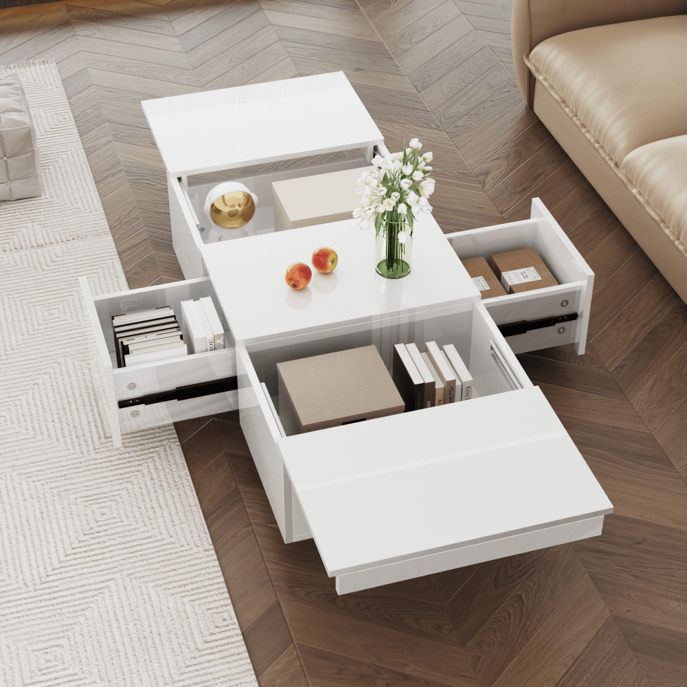 Salontafel – Koffietafel – Bijzettafel – Woonkamertafel – Tafel – Hoogglans Wit – Dubbele Schuifladen – Hout Kunstboard