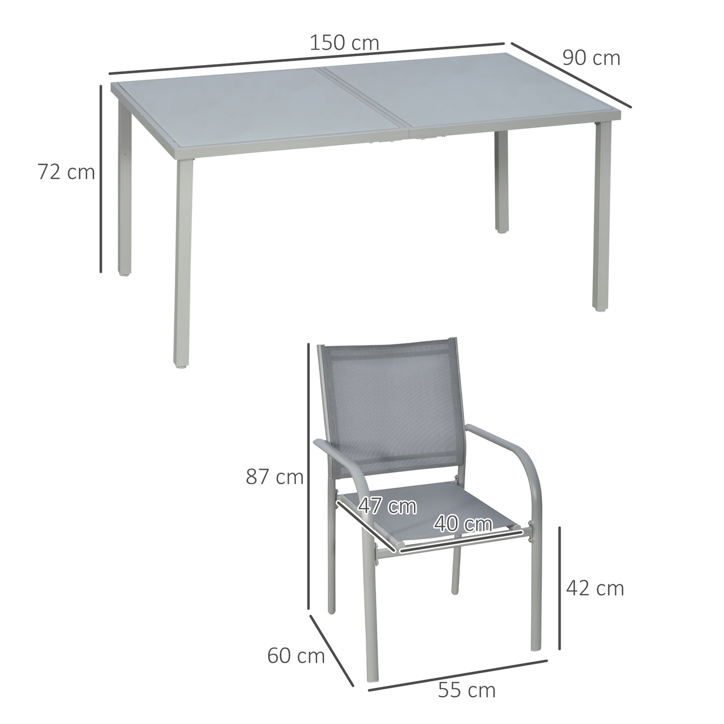 Tuinset – Tuinmeubel – Terrasset – Buitenmeubilair – 7-delig – Gepoedercoat Staal – Gehard Glas Blad – Stapelbare Stoelen – Grijs