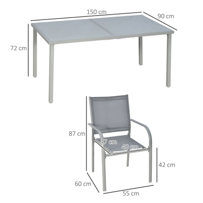 Tuinset – Tuinmeubel – Terrasset – Buitenmeubilair – 7-delig – Gepoedercoat Staal – Gehard Glas Blad – Stapelbare Stoelen – Grijs