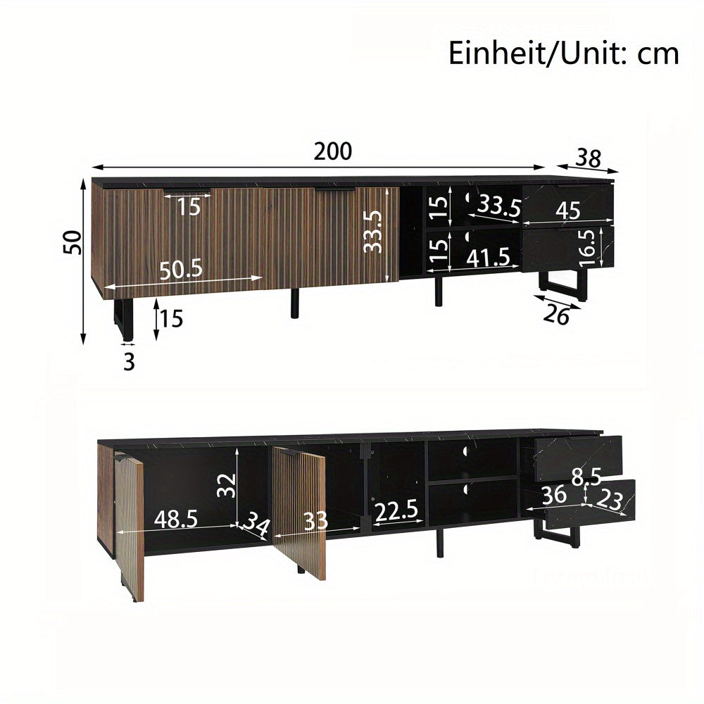 TV-kast – Meubel – Entertainmentkast – Woonkamerkast – TV-meubel – 200 cm – Zwart Marmer – Donker Houtnerf – 2 Deuren – 2 Lades
