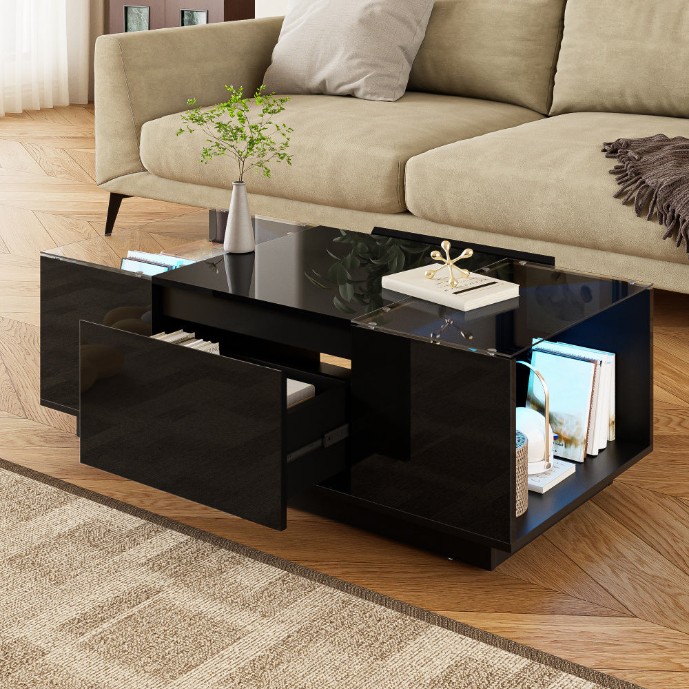 Salontafel – Koffietafel – Bijzettafel – Tafel – Woonkamertafel – Modern minimalistisch design – Glazen tafelblad met 2 lades – 105 cm – Metaalframe compacte salontafel