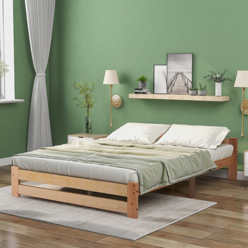 Massief Houten Bedframe – Futon Bed – Platformbed – Slaapbank – Boxspringframe – Met Hoofdbord – Met Lattenbodem – Naturel Afwerking – 200x140 cm Queen Size – Scandinavisch Minimalistisch Design