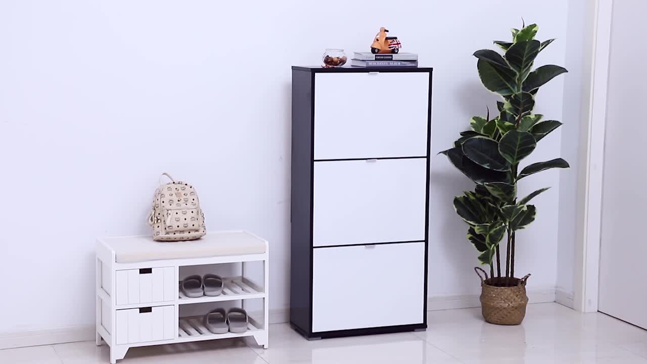Schoenenkast – Schoenenrek – Schoenopberger – Schoenmeubel – Schoenenkastje – MDF Wit Zwart – 3 Deuren 3 Compartimenten – Compact en Stijlvol