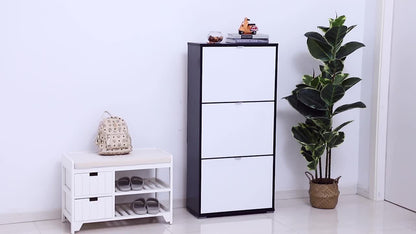 Schoenenkast – Schoenenrek – Schoenopberger – Schoenmeubel – Schoenenkastje – MDF Wit Zwart – 3 Deuren 3 Compartimenten – Compact en Stijlvol