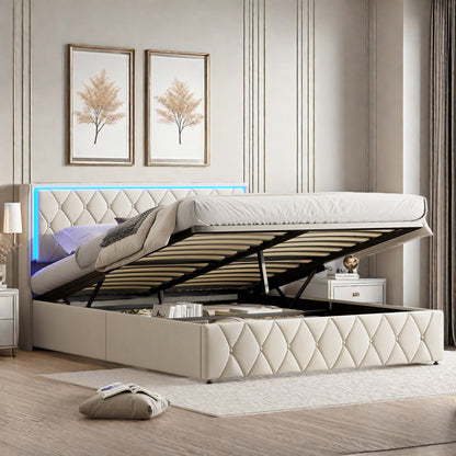 Tweepersoonsbed – Bed Met Opbergruimte – Led Bed – Fluwelen Bed – Oplaadbaar Bed – 140x200 cm – Verstelbare RGB LED Verlichting – Ingebouwde USB- en Type-C Poorten