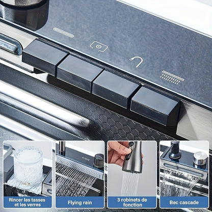Black Nano Countertop 304 Stainless Steel Waterfall Single Bowl Sink Workstation, with Multifunctional Digital Display Feiyu Pull-out  (gunmetal Gray, 68x45x22cm)