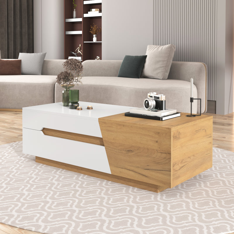 Salontafel – Koffietafel – Woonkamertafel – Bijzettafel – Uitschuifbare Tafel – MDF Houtlook Wit – Met Opberglades – 120x50x37,5 cm