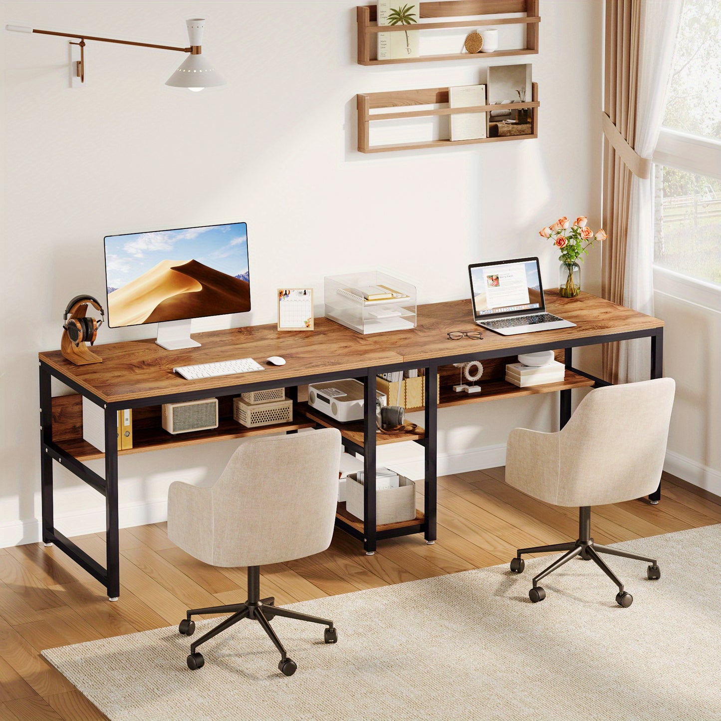 Bureau – Bureautafel – Computertafel – Werktafel – Dubbel bureau – Industrieel design – Ruim 200 cm lang – Met opbergruimte en verstelbare poten