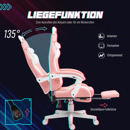 Gamingstoel – Gamestoel – Gaming Chair – Bureaustoel – Game Stoel – Ergonomisch Met Verstelbare Rugleuning – Inclusief Uitschuifbare Voetensteun – Roze Met Kattenoren