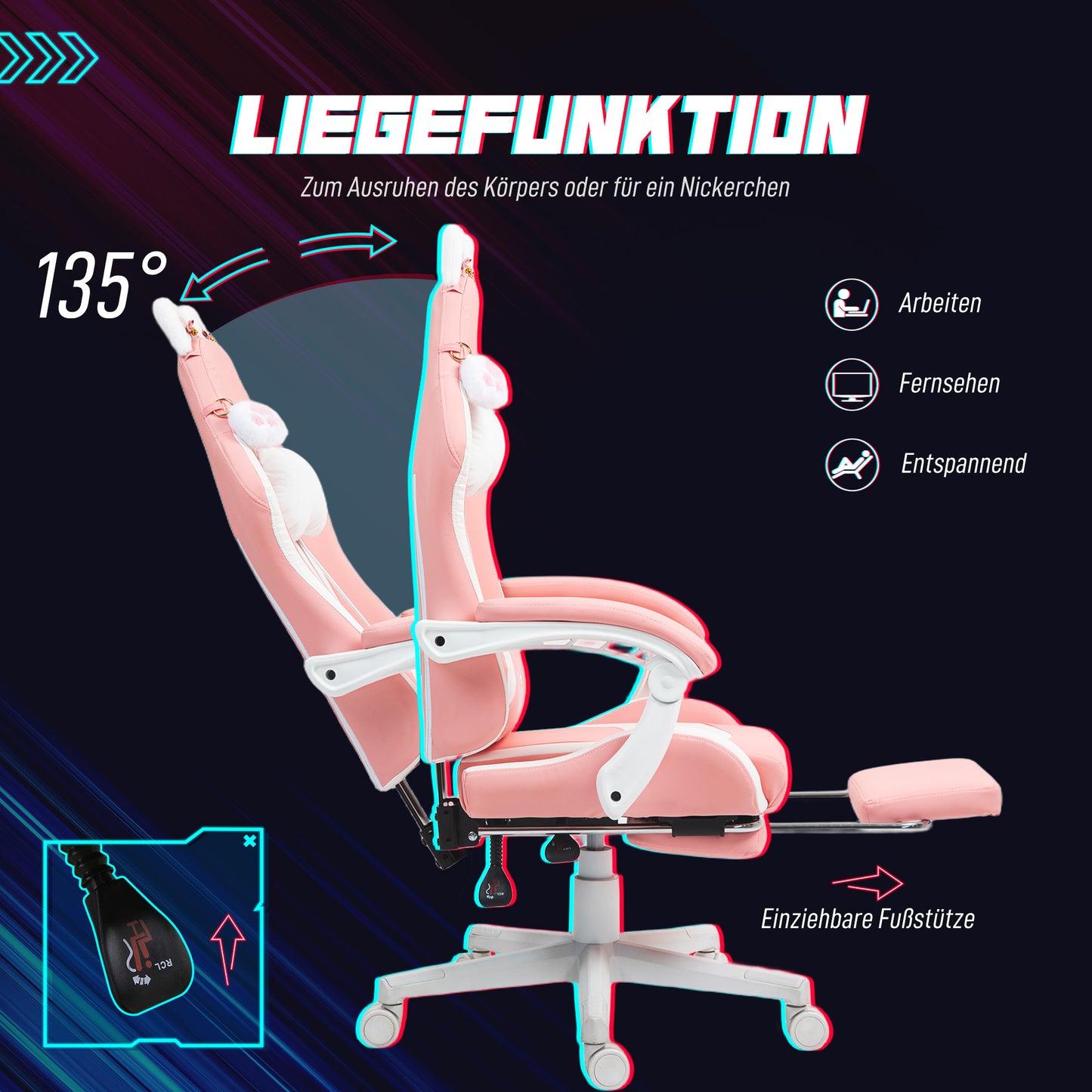Gamingstoel – Gamestoel – Gaming Chair – Game Stoel – Gamestoel Met Kattenoortjes – Verstelbare Rugleuning – Inklapbare Voetensteun – Max. 120 kg – Roze/Wit