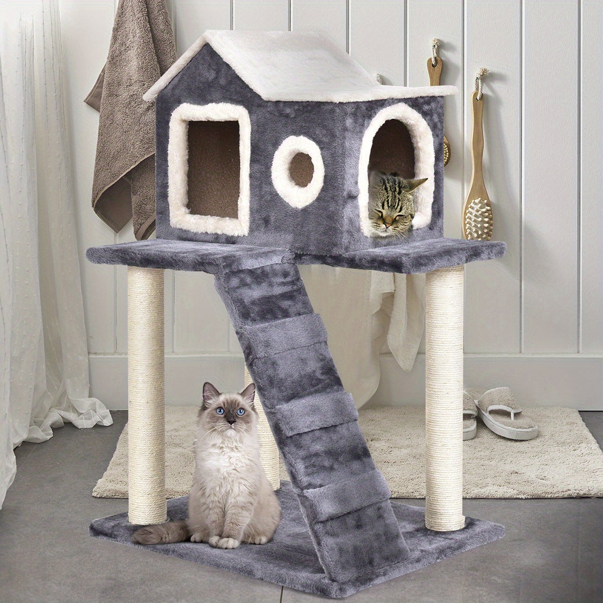 Kattenkrabpaal – Kattenboom – Krabmeubel – Klimmeubel – Krabpaal – Met Zachte Pluche Bekleding – Robuust Spaanplaat – Grijs – 70 x 68,5 x 140 cm