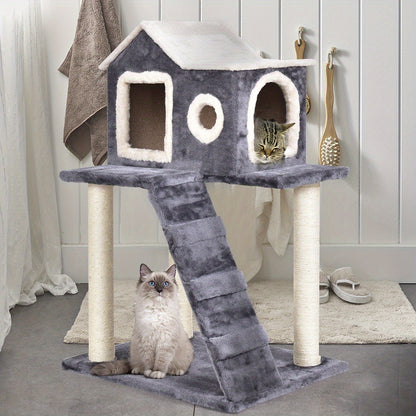 Kattenkrabpaal – Kattenboom – Krabmeubel – Klimmeubel – Krabpaal – Met Zachte Pluche Bekleding – Robuust Spaanplaat – Grijs – 70 x 68,5 x 140 cm