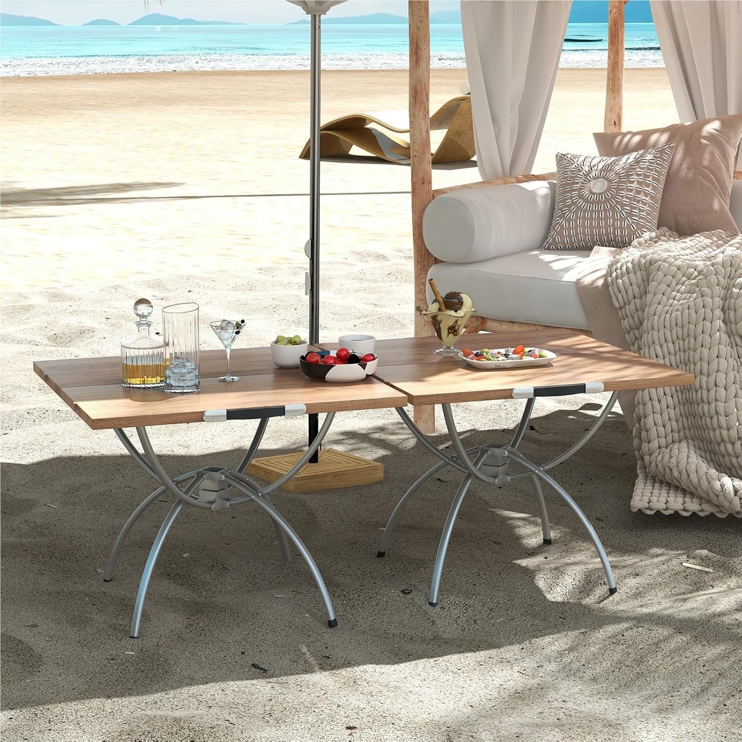 2-in-1 Campingtafel – Opvouwbare Tafel – Picknicktafel – Verstelbare Tafel – Connecteerbare Outdoor Tafel – Lichtgewicht Aluminium Frame – Houtprint Tafelblad