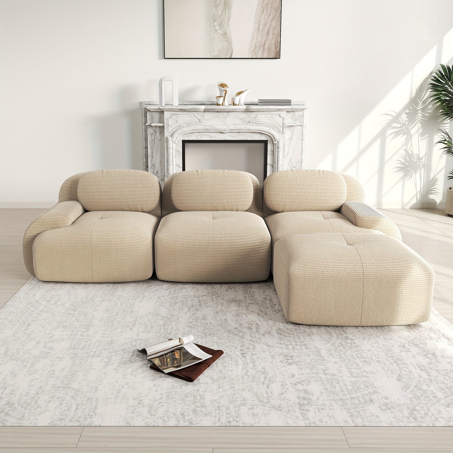 A Corner Sofa That Is Modular And Does Not Need to Be Assembled, Designed for Comfort And Pets, Crafted from Corduroy with Wide Armrests, Featuring 32D High-Stretch Material, Ideal for Both Living Rooms And Bedrooms, in a Bei