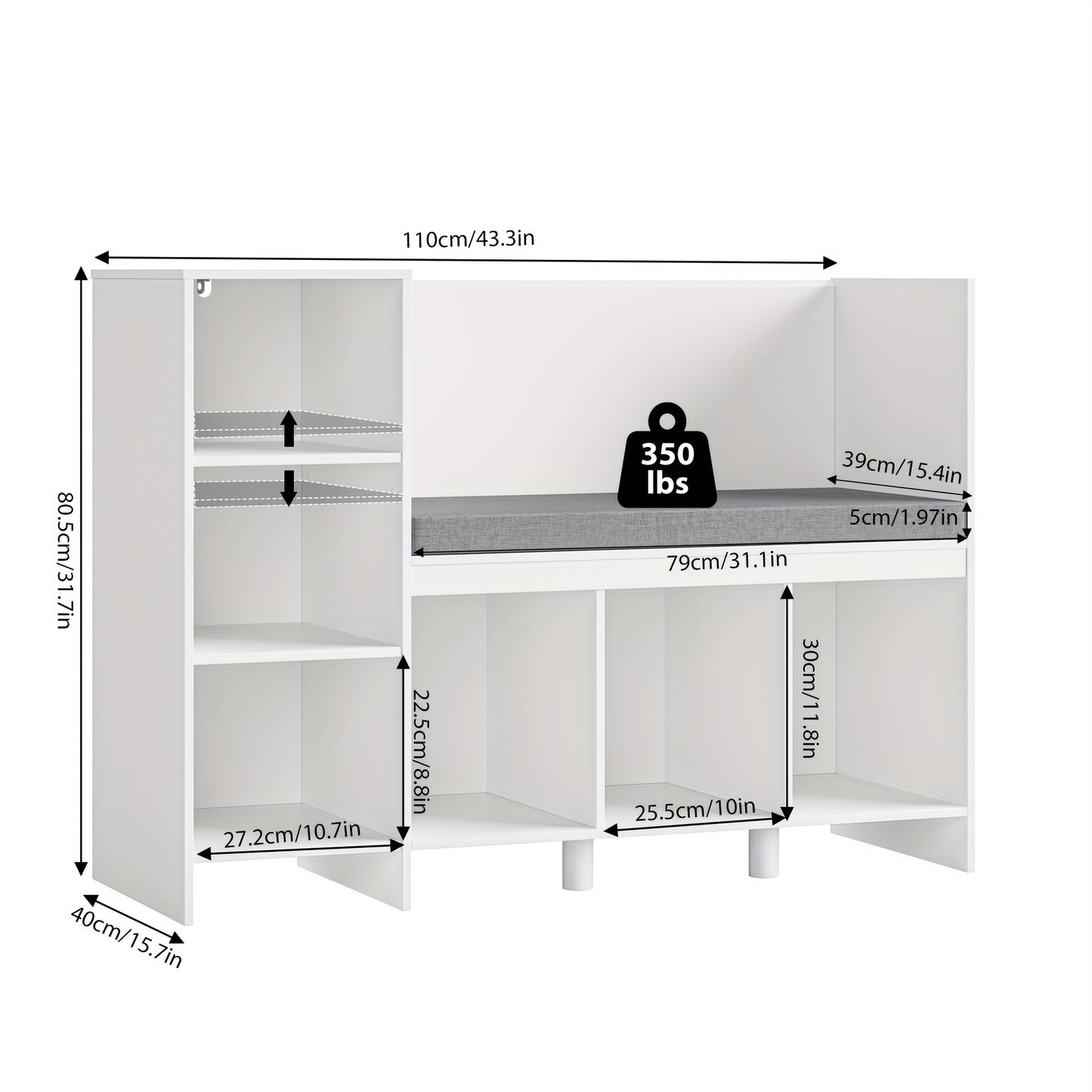Boekenkast – Kasten – Opbergmeubel – Speelgoedrek – Zitbankje – Wit – 80,5x40x110 cm – 6 Opbergvakken – Afneembaar Wasbaar Zitkussen