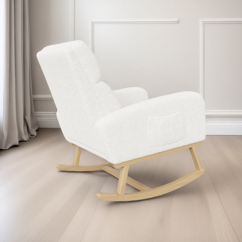 Schommelstoel – Relaxstoel – Fauteuil – Voedingsstoel – Loungestoel – Lammywol Bekleding – Ergonomische Hoge Rugleuning – Zijzakken – Wit