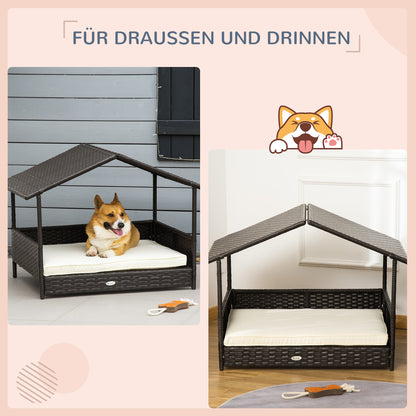 Rattan Hondenbed – Hondenmand – Hondenhuisje – Hondenkussen – Hondenbank – Coffee Brown – Weerbestendig PE-Rattan – Verhoogd Ontwerp Met Dak