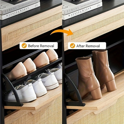 Schoenenkast – Schoenen Opberger – Schoenenkast – Schoenenschuifkast – Schoenrekken – Modern Design – Met 2 Kleppen en 4 Verstelbare Planken – Zwart – Duurzaam Hout en Metaal