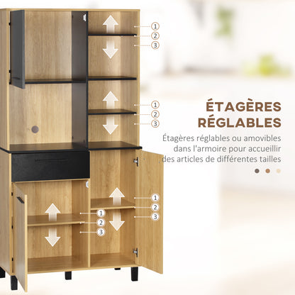 Keukenkast – Buffetkast – Opbergkast – Magnetronkast – Keukenbuffet – Modern Design – Verstelbare Planken – Anti-Kantel Systeem – 180 cm Hoog – Zwart/Naturel Hout