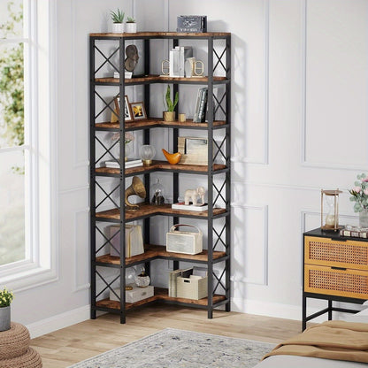 7-laags Hoekrek – Hoekplank – Wandrek – Opbergrek – Boekenkast – Rustiek Bruin – Stevig Hardhout – Ruimtebesparend L-vormig