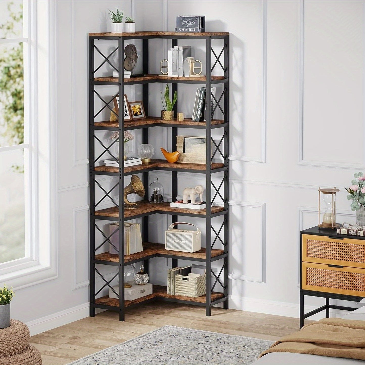 Boekenkast – Boekenrek – Opbergkast – Vakkenkast – Wandkast – 7-laags Hoekplank – Industrieel Design – Massief Hout Met Witte Afwerking
