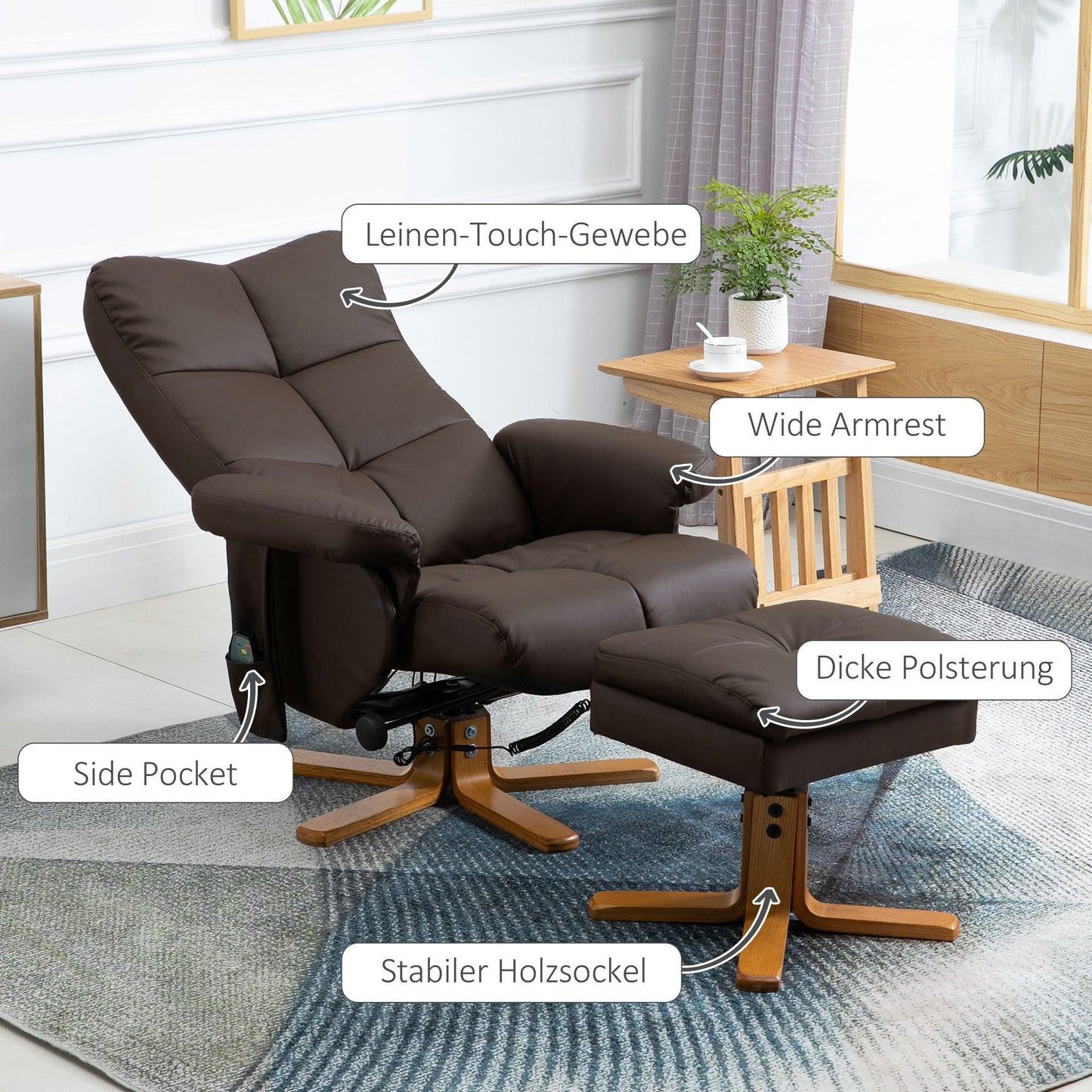 Relaxfauteuil – Relaxstoel – Ligstoel – Massagestoel – Tv-Fauteuil – Verstelbare Rugleuning 145° – 10 Vibratiepunten Zonder Elektriciteit – Bruin Kunstleer 80x86x99 cm