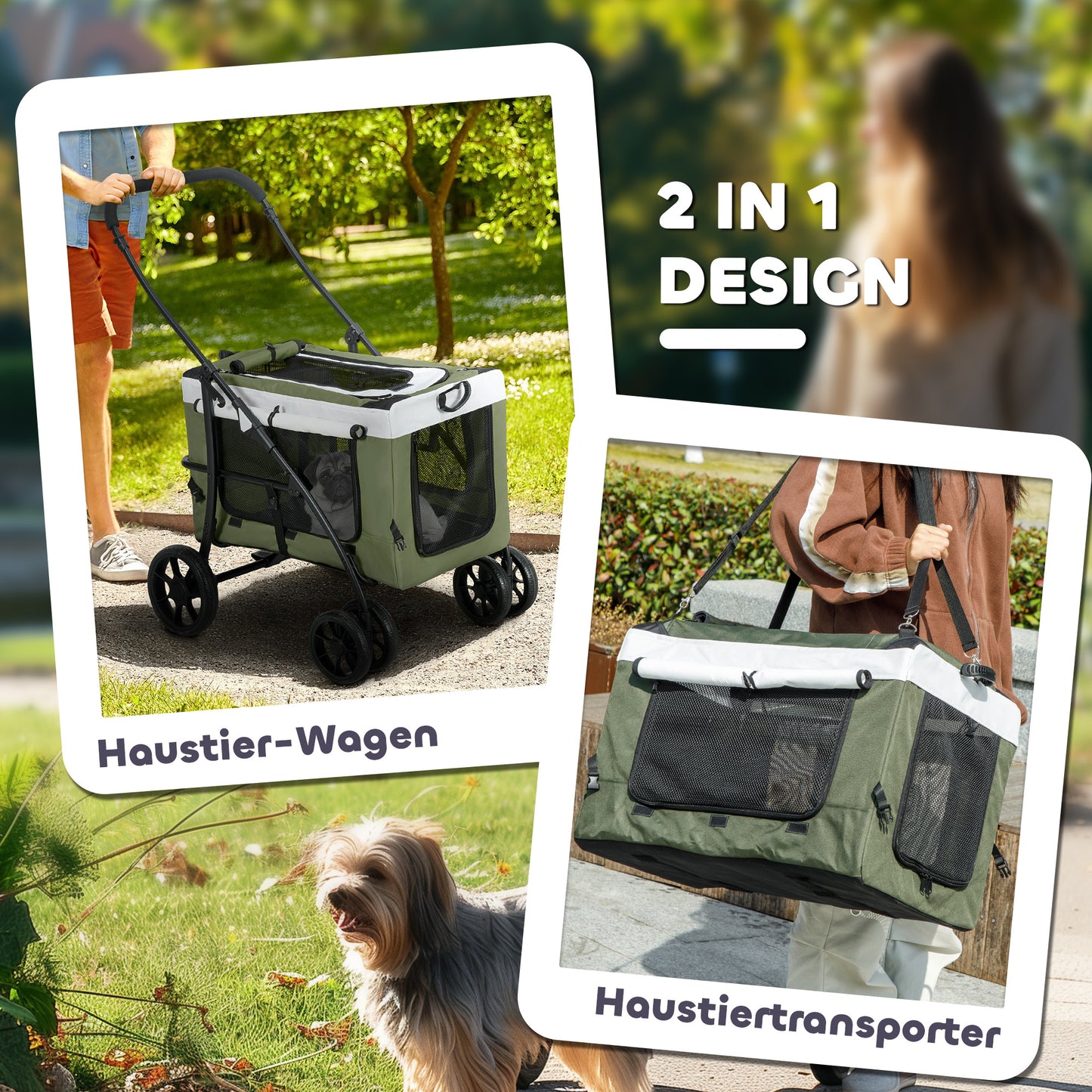 Dierenwagen – Hondenwagen – Huisdierenwagen – Opvouwbare Buggy – Wandelwagen – Comfortabele Bekleding – Veiligheidsharnassen – Donkergroen/Zwart/Wit – 81x58x97,5 cm