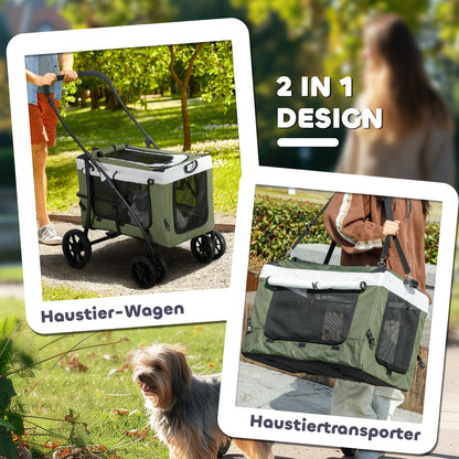 Dierenwagen – Hondenwagen – Huisdierenwagen – Opvouwbare Buggy – Wandelwagen – Comfortabele Bekleding – Veiligheidsharnassen – Donkergroen/Zwart/Wit – 81x58x97,5 cm