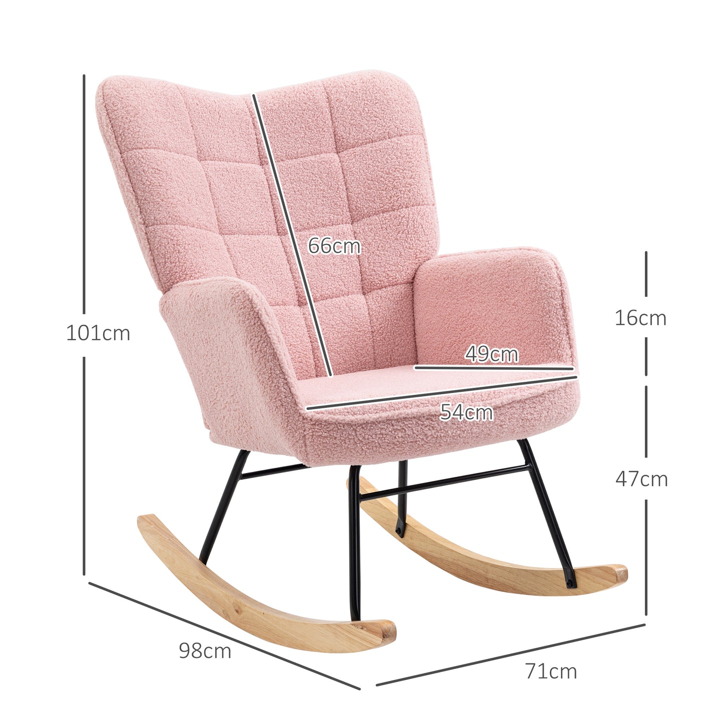 Schommelstoel – Relaxstoel – Rocking Chair – Armstoel – Retro Fauteuil – Massief Houten Frame – Zachte Roze Bekleding – 98x71x101 cm