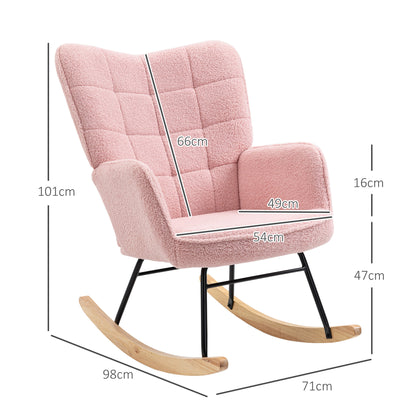 Schommelstoel – Relaxstoel – Rocking Chair – Armstoel – Retro Fauteuil – Massief Houten Frame – Zachte Roze Bekleding – 98x71x101 cm