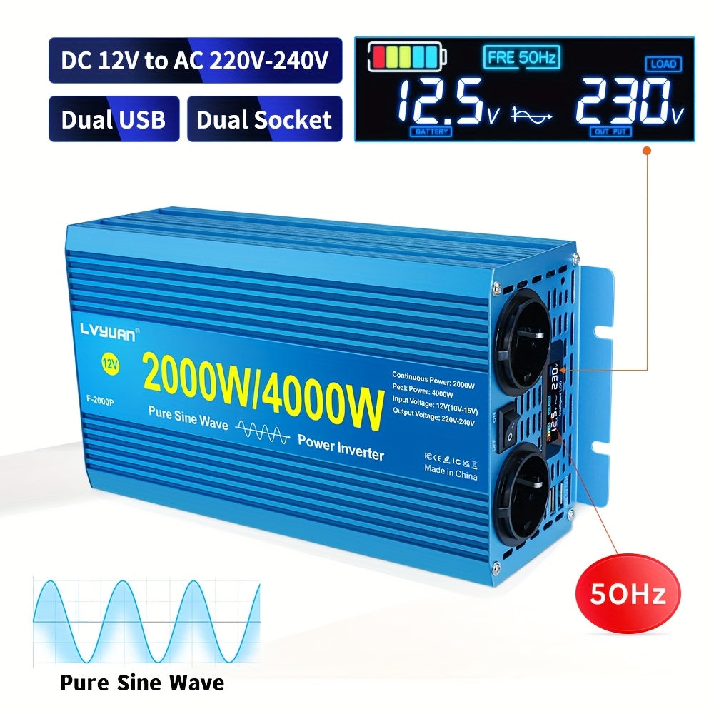 Pure Sine Wave Omvormer – Stroomomzetter – Car Inverter – 12V DC naar 220V AC – Mobiele Spanningsomvormer – 4000W Continu Vermogen – LCD Display