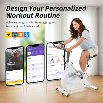 White Indoor Cycling Bike with 5kg Flywheel, Bluetooth App Connectivity (Kinomap), Heart Rate Monitoring, And 150kg Capacity - LCD Display for Speed, Calories, Time, Distance