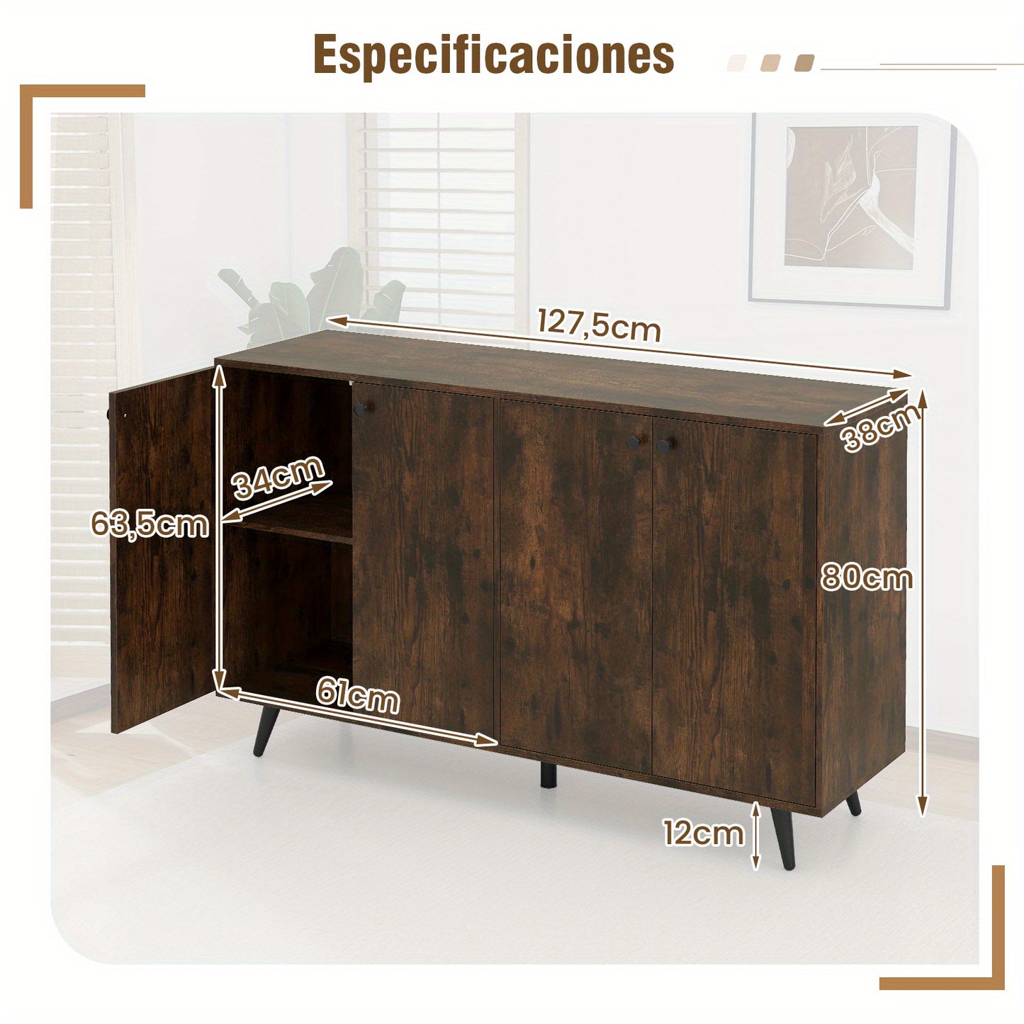 Dressoir – Dressoirkast – Buffetkast – Opbergkast – Ladekast – Houten Dressoir Met 4 Deuren – 5-Voudig Verstelbare Planken – Vintage Stijl 127,5x38x80 cm