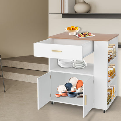 Keukenwagen – Mobiele Keukentrolley – Keukenwagen op Wieltjes – Keukenkastje – Keukenkar – Wit – Compact 68x39x85 cm – Met Werkblad en Remmen