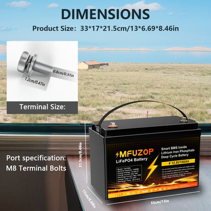 Lithium Accu – LiFePO4 Accu – Bootaccu – Caravan Accu – Zonne-energie Accu – 12V 100Ah Capaciteit – Ingebouwd 100A BMS Veiligheidssysteem