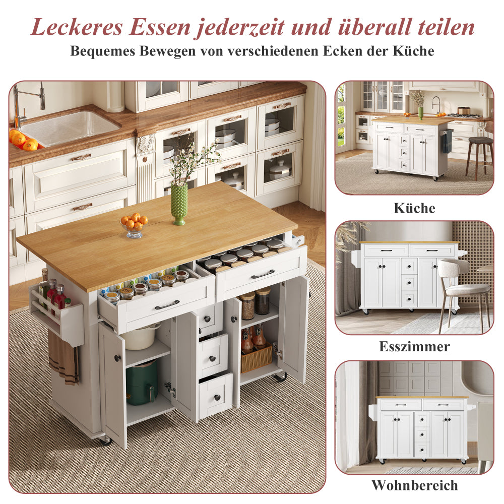 Multifunctional Kitchen Trolley with Foldable Worktop Extending to 120×65 cm | Features Five Drawers, Cupboards, Spice Rack, Towel Rail, Enclosed Storage, Metal Construction, Castors, Suitable for Kitchen Island in Kitchens,