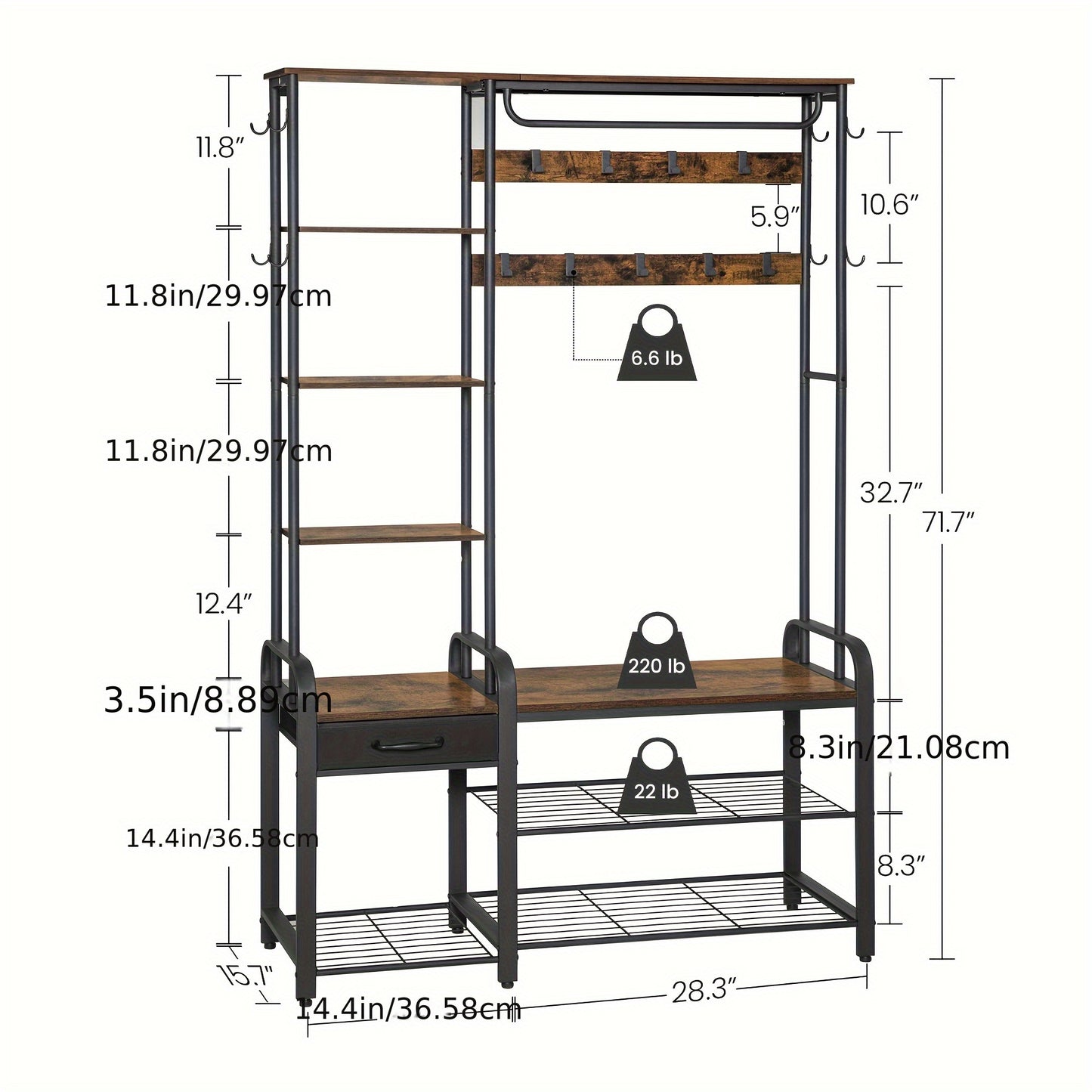 Hall Tree, Coat Rack With 3-Tier Storage Bench And 1 Drawer, 5-in-1 Entryway Bench With 17 Hooks, 1 Hanging Rod, 4-Tier Side Shelves, Rustic Brown