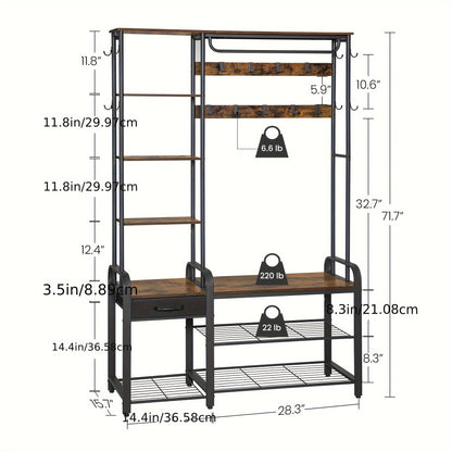 Hall Tree, Coat Rack With 3-Tier Storage Bench And 1 Drawer, 5-in-1 Entryway Bench With 17 Hooks, 1 Hanging Rod, 4-Tier Side Shelves, Rustic Brown