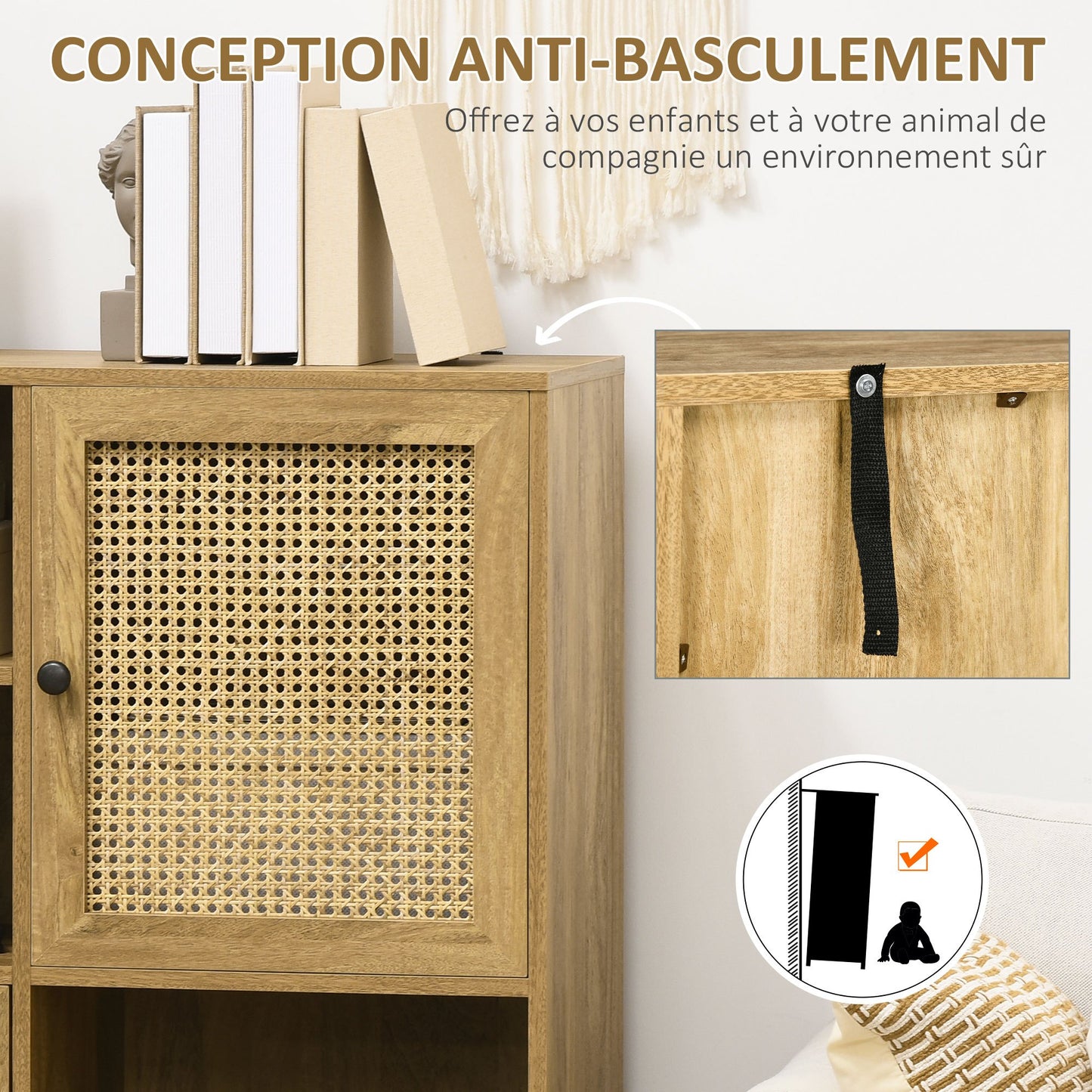 Kast – Boekenkast – Opbergkast – Dressoir – Kledingkast – Hout en Rattan – 4 Lades en 2 Deuren – Compact 90x32,5x120 cm