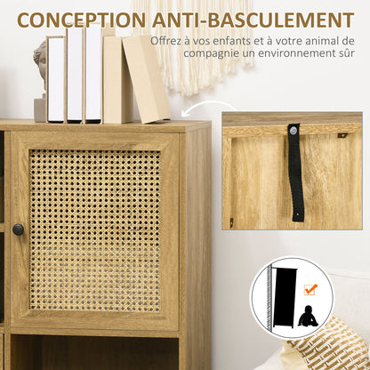 Kast – Boekenkast – Opbergkast – Dressoir – Kledingkast – Hout en Rattan – 4 Lades en 2 Deuren – Compact 90x32,5x120 cm