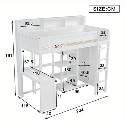 Hoogslaper – Stapelbed – Kinderbed – Eenpersoonsbed – Multifunctioneel Bed – Ingebouwd Bureau & Kledingkast – Ruimtebesparend Ontwerp – Stevig Wit Hout 90x200 cm