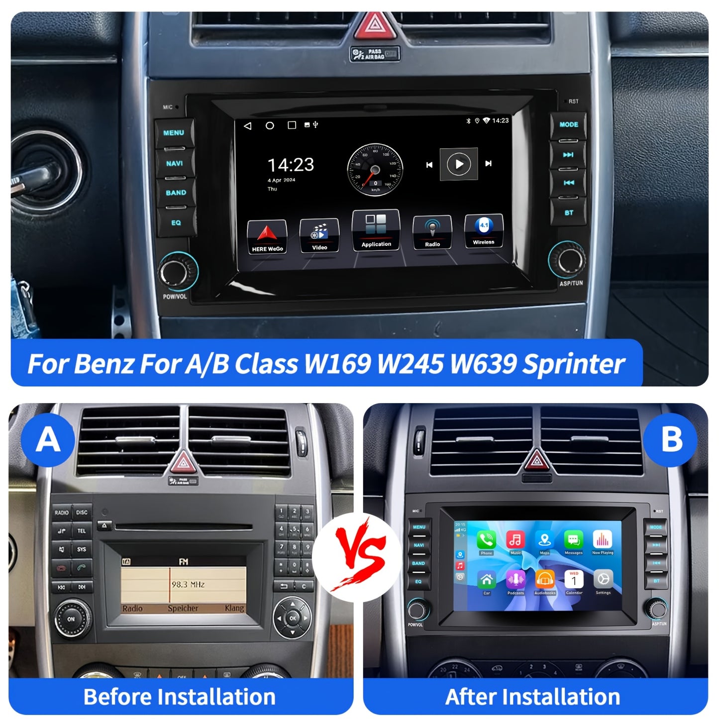 ESSGOO 2G+32GB Android 14 Car Stereo Auto Radio for Benz A/B Class for W169 for W245 for W639 Vito for W906 Sprinter Crafter Viano 7 Inch/17.78cm HD Screen with Wireless Carplayer, Android Auto, GPS NAVI WiFi FM RDS USB SWC M