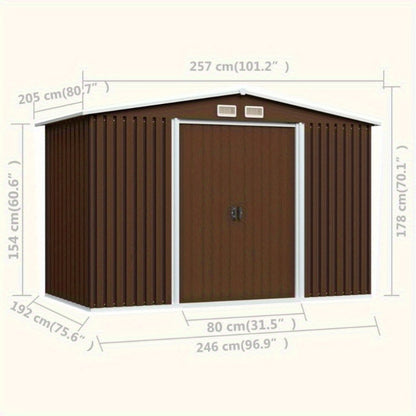 Stalen Tuinschuur – Tuinhuis – Opslagruimte – Berging – Schuur – Mobiel – Tijdelijk – Stevig Alloy Staal – Afmetingen 257x205x178 cm