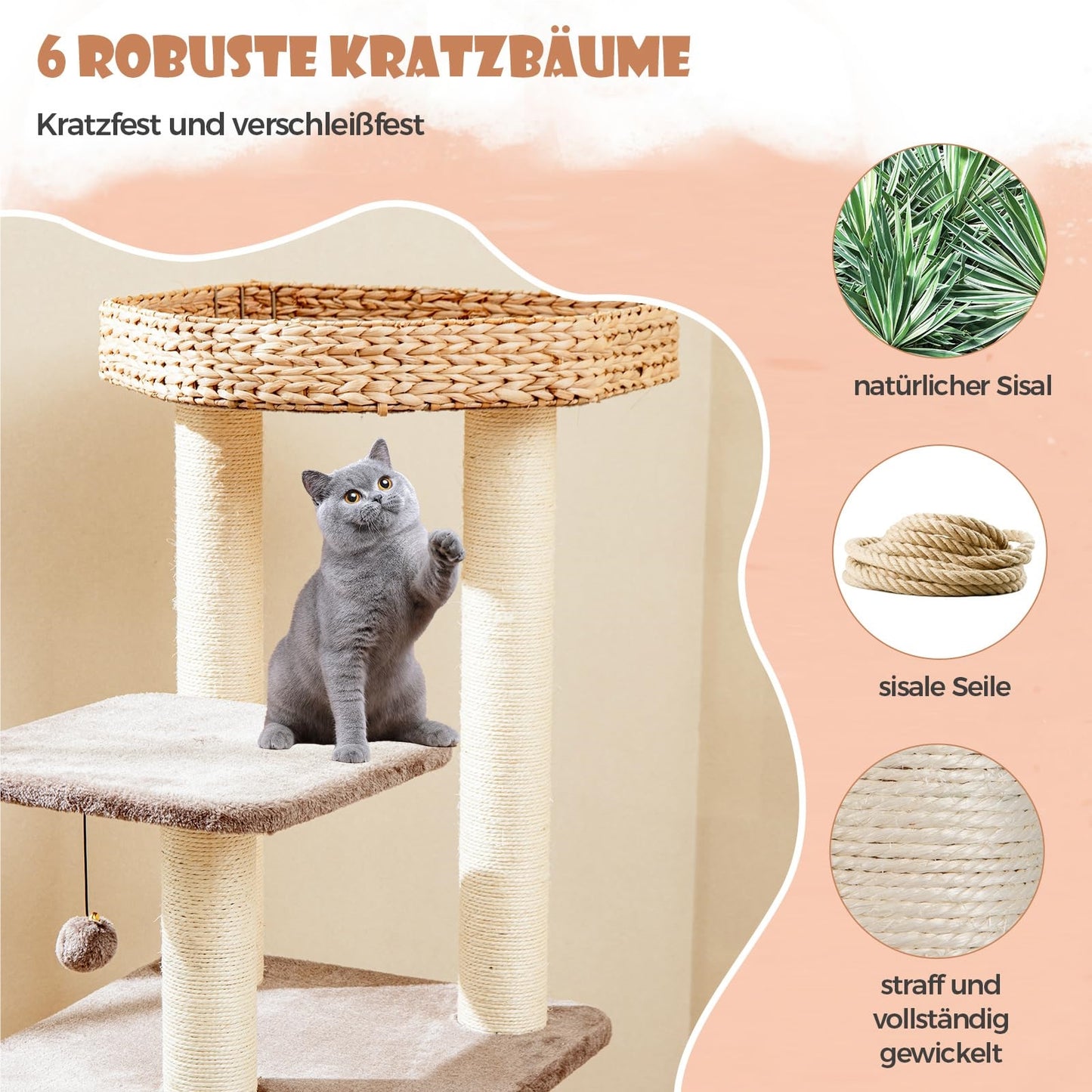 Krabpaal – Krabmeubel – Kattenklimpaal – Krabton – Kattenmeubel – 131 cm Hoog – Natuurlijk Riet en Sisal
