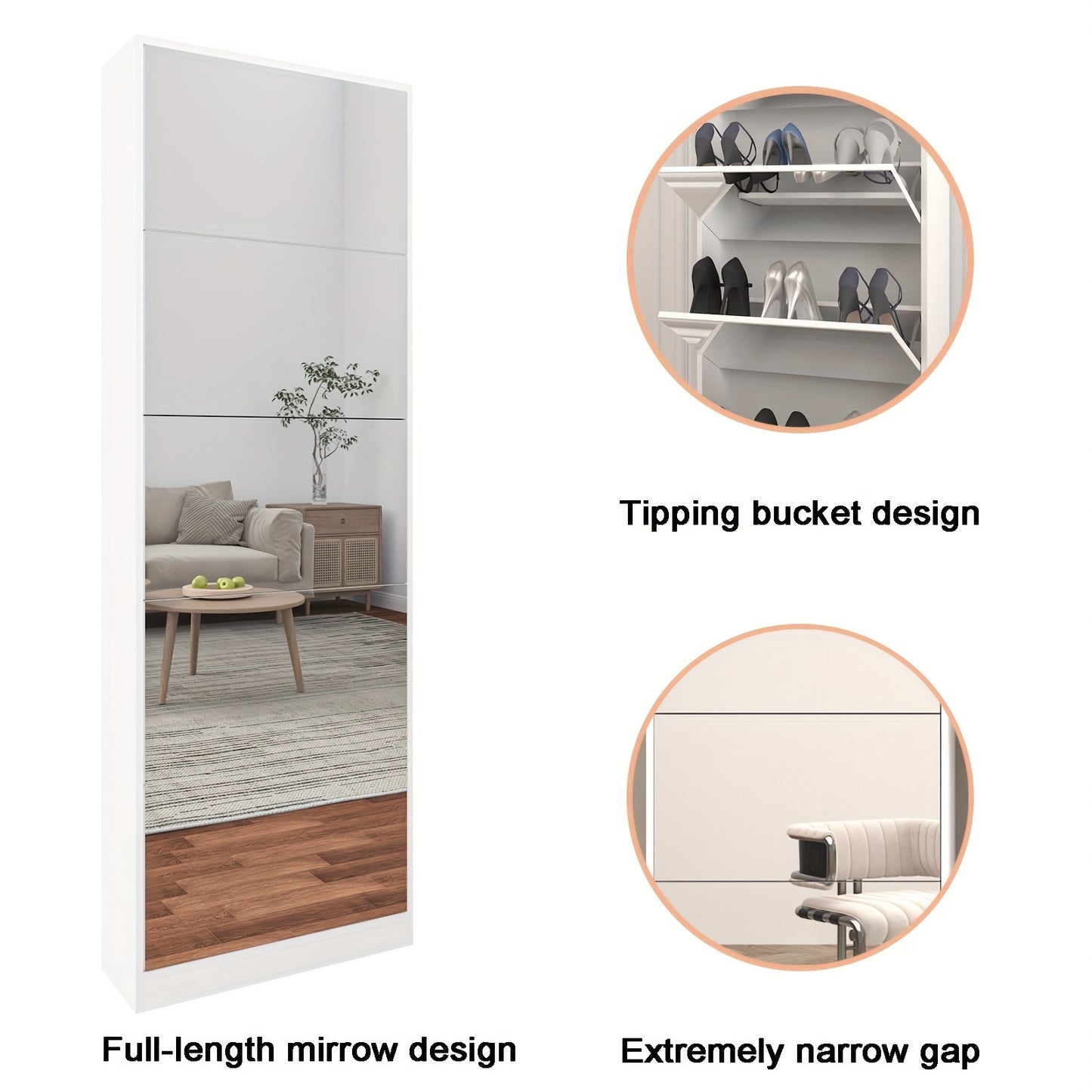 Schoenenkast – Schoenenrek – Schoenenopberger – Schoenenmeubel – Schoenentoren – Smal Design – 185 cm Volledige Spiegel – Flip-Lades – Wit