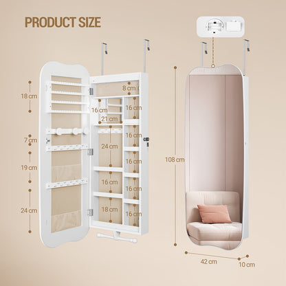 Jewelry Cabinet, Mirror Cabinet, Wall Cabinet With LED Lighting, Wall Cabinet With Mirror, Lockable, With Interior Mirror, Surface In White, Interior Lining In Greige, Jewelry Armoires